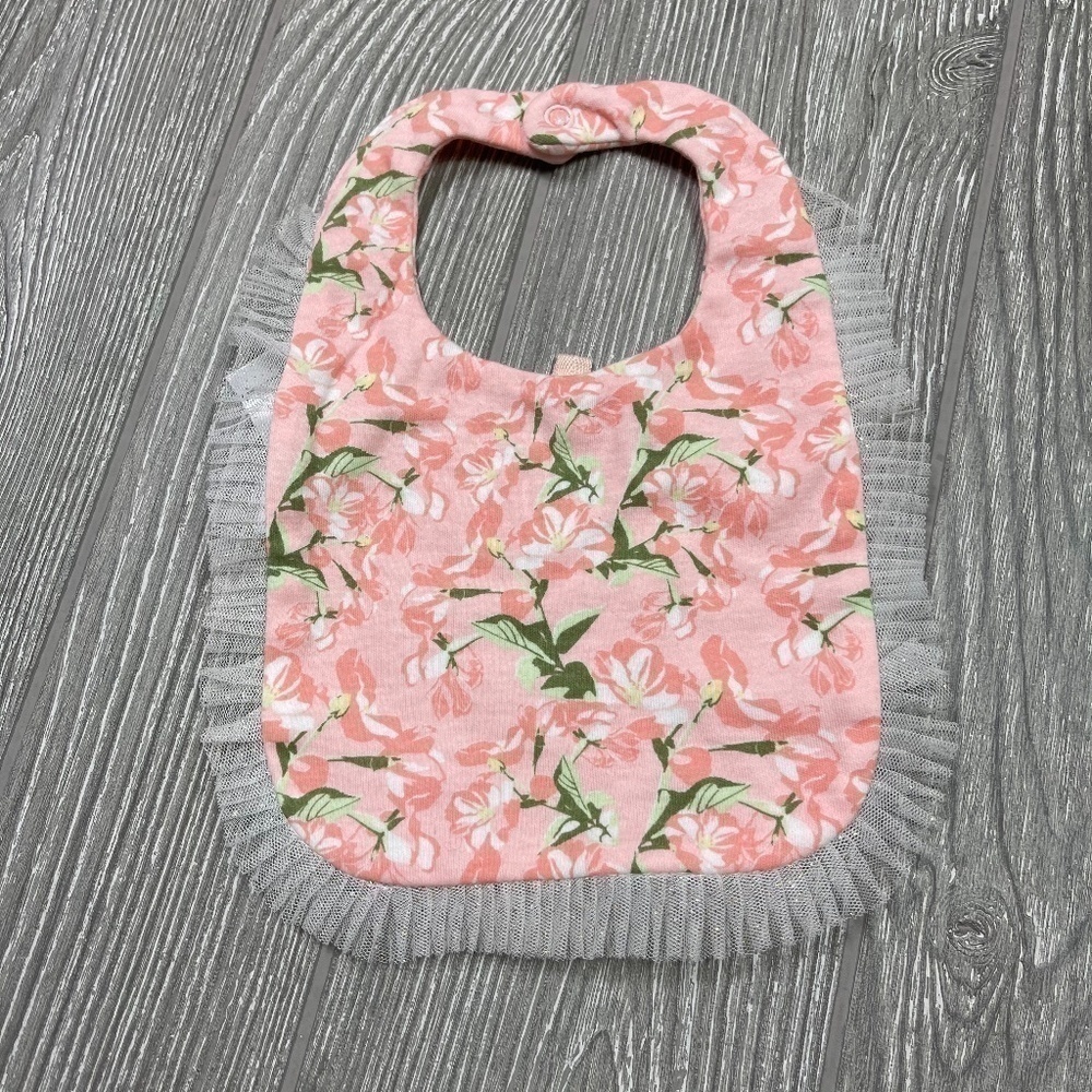 NICOLE MILLER Infant Pink & White Floral with Ruffles Baby Bib Girl 6 - 9 M